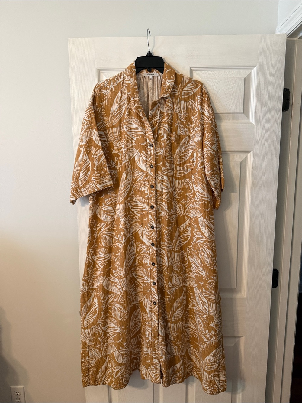 Madewell Women's Button-Front Leaf Print Midi Dress in Mustard size S